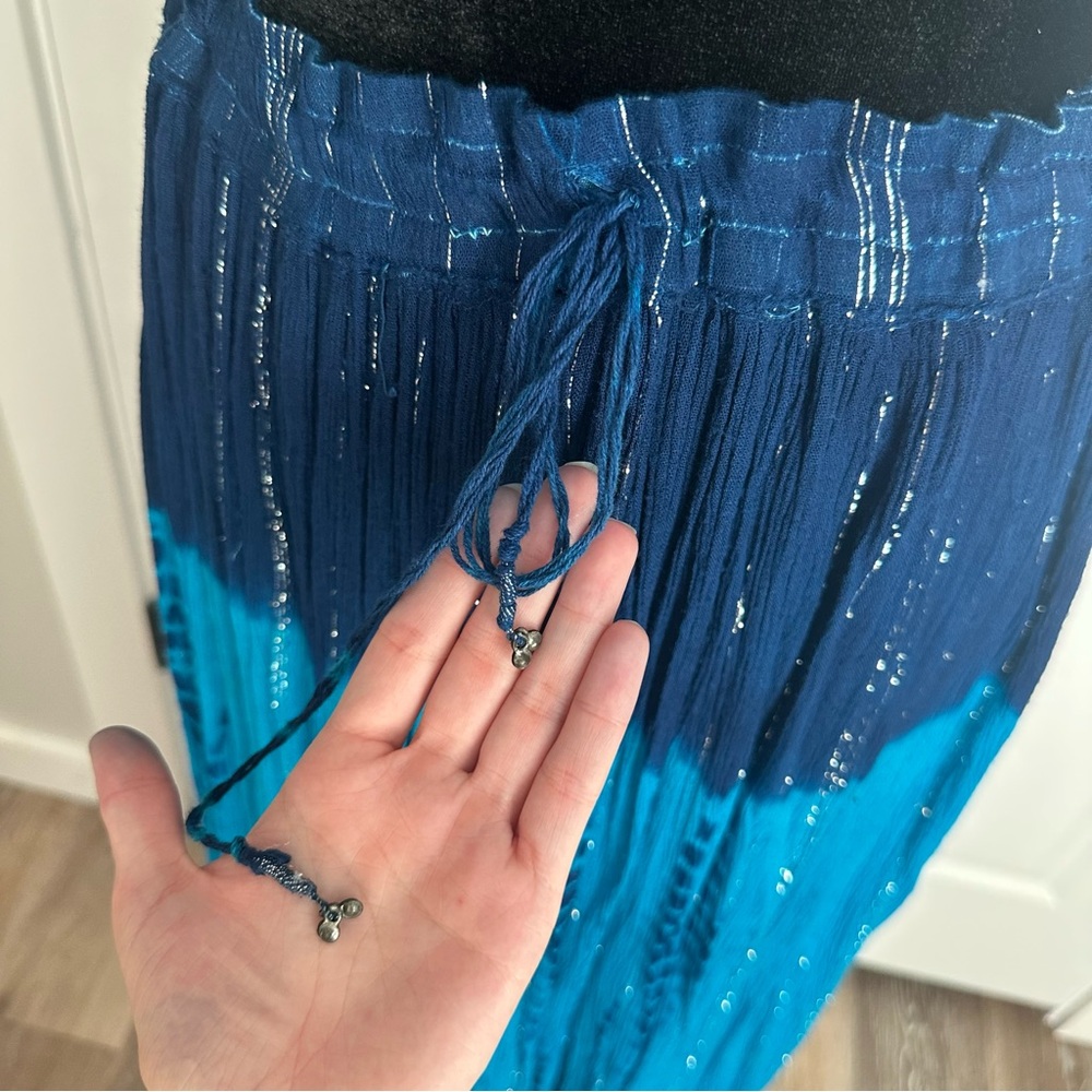Blue Pleated Maxi Skirt with Tie Front